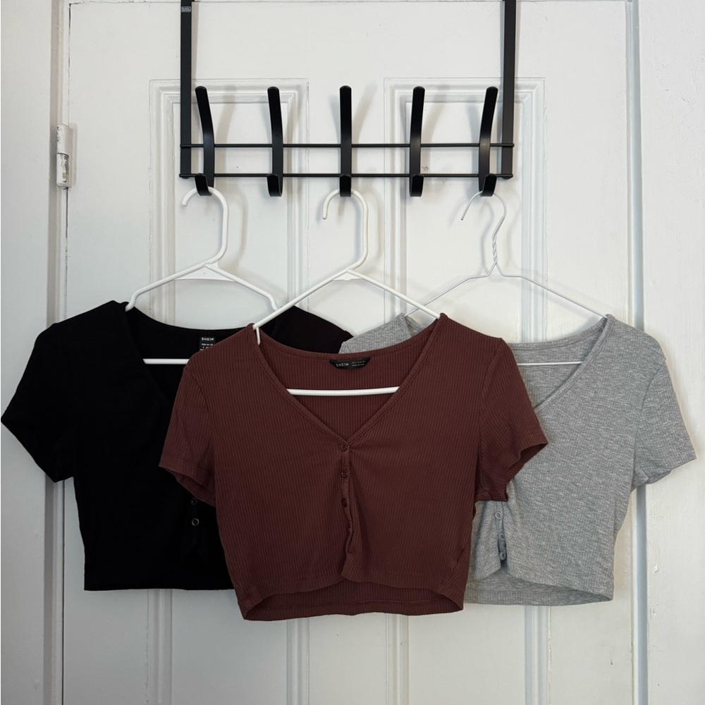 SHEIN Ribbed Button-Up Crop Top - Black, Brown, Gray